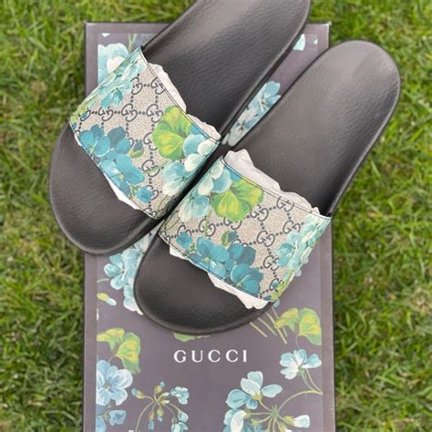 gucci slides blue floral|gucci floral slides size 8.